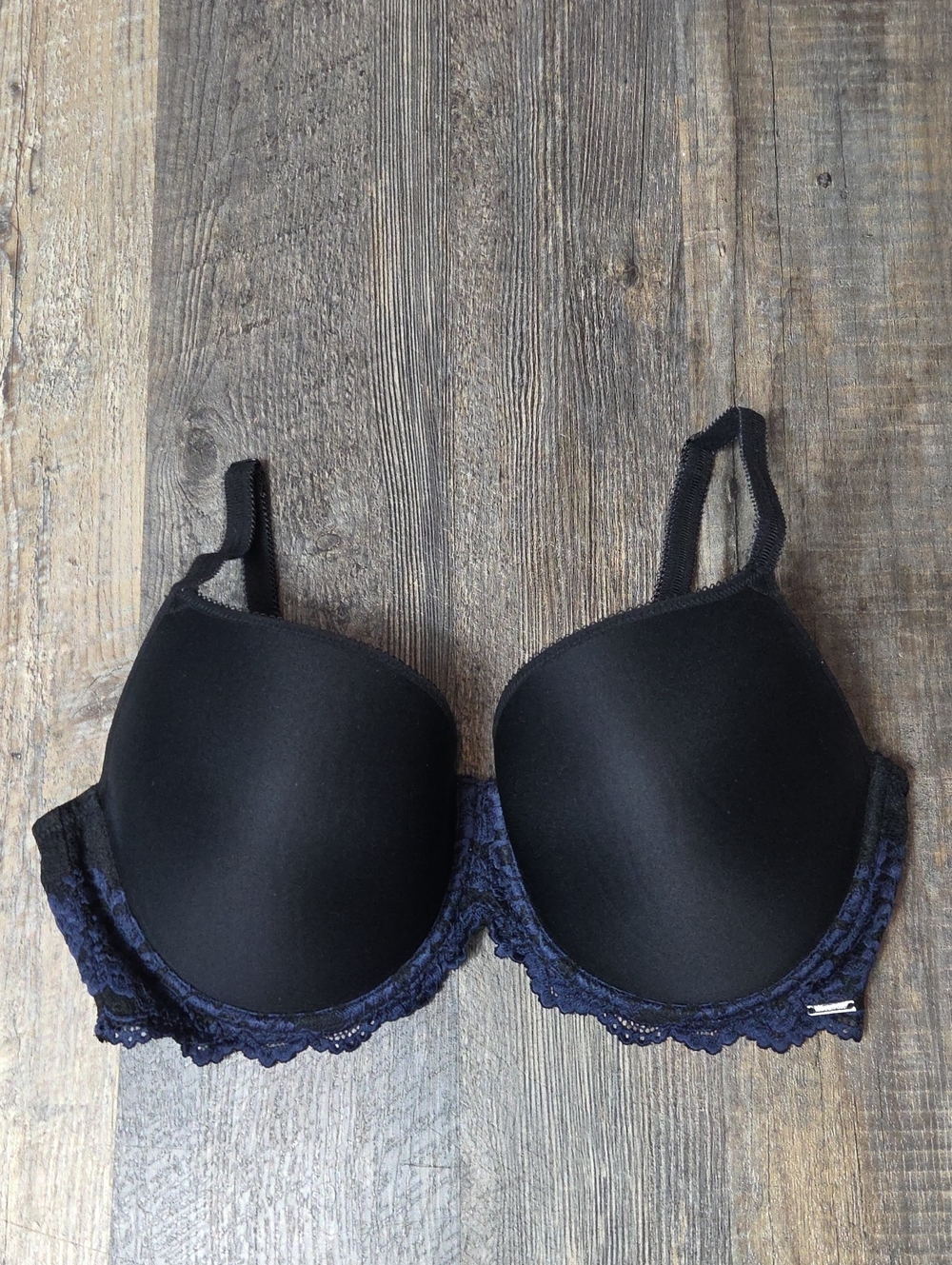La Vie En Rose Black Bra with Navy Lace Trim